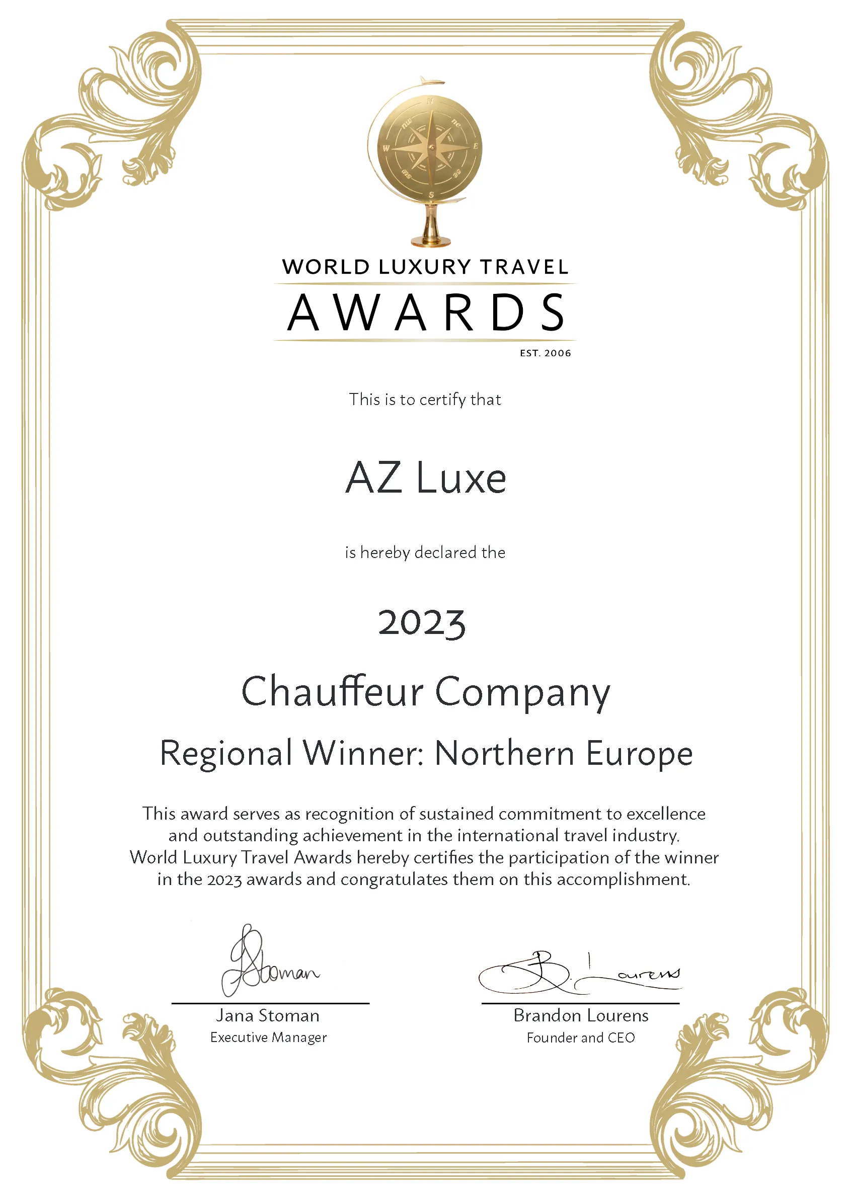 Certificate for Best Chauffeur Company in Northern Europe 2023