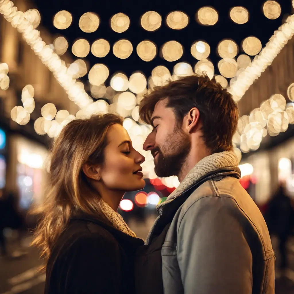 A romantic couple enjoying the Christmas Lights in London