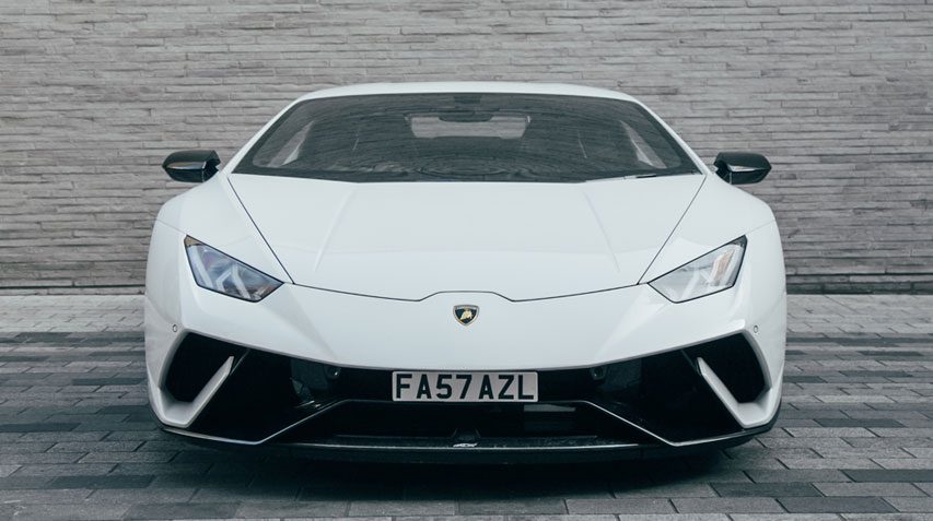 Front view of AZ Luxe's white Lamborghini Huracan Performante in London
